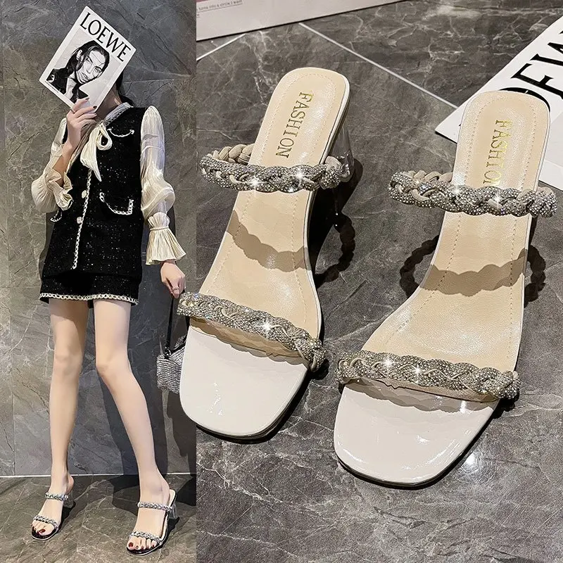 

High-heeled slippers female new 2022 Korean version of fairy style temperament thick with rhinestone woven square toe sandals