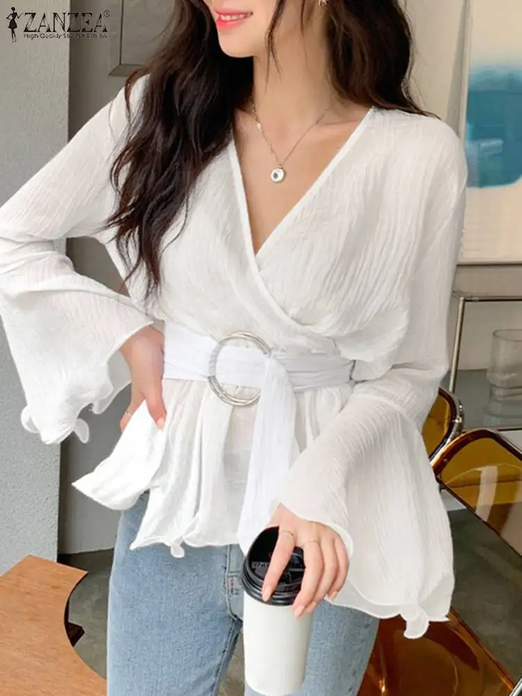 

Женская блузка с расклешенными рукавами ZANZEA, модная Однотонная рубашка с V-образным вырезом и поясом, винтажные топы с вышивкой крестиком, п...