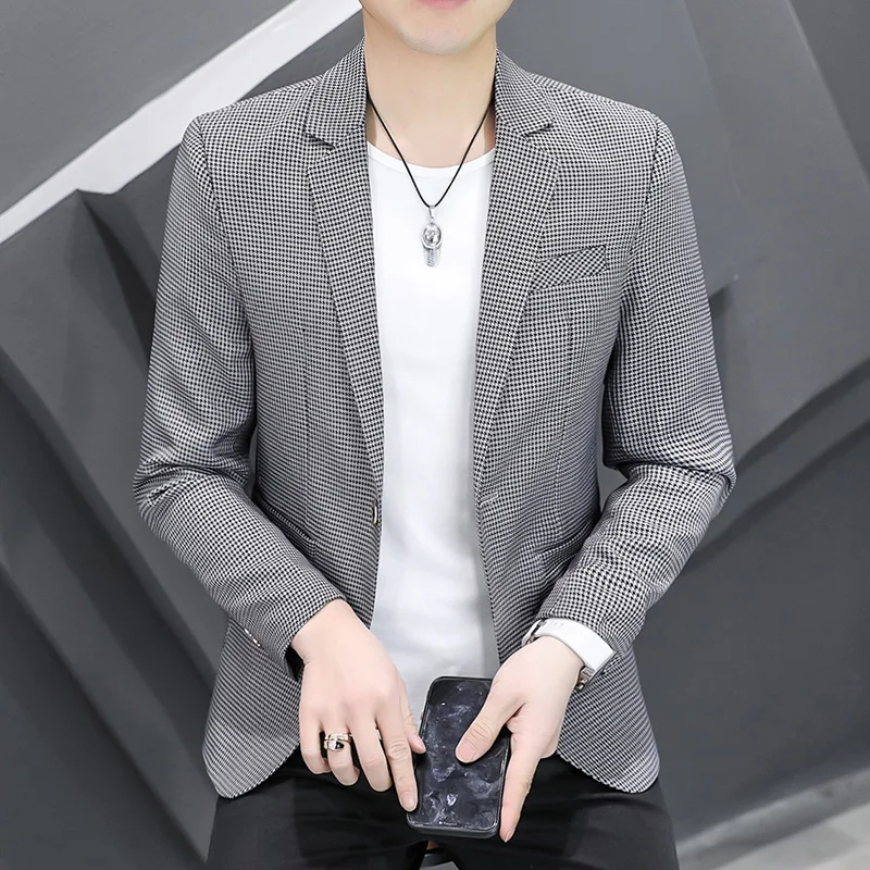 

Men's Suit 2020 Tide Black and White Check Korean Style New British Slit Long Sleeves Slim Guy Checked Suit Coat 3XL