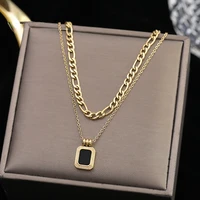stainless steel black square pendant double layer necklace korean fashion jewelry for woman girls sexy clavicle chain party gift