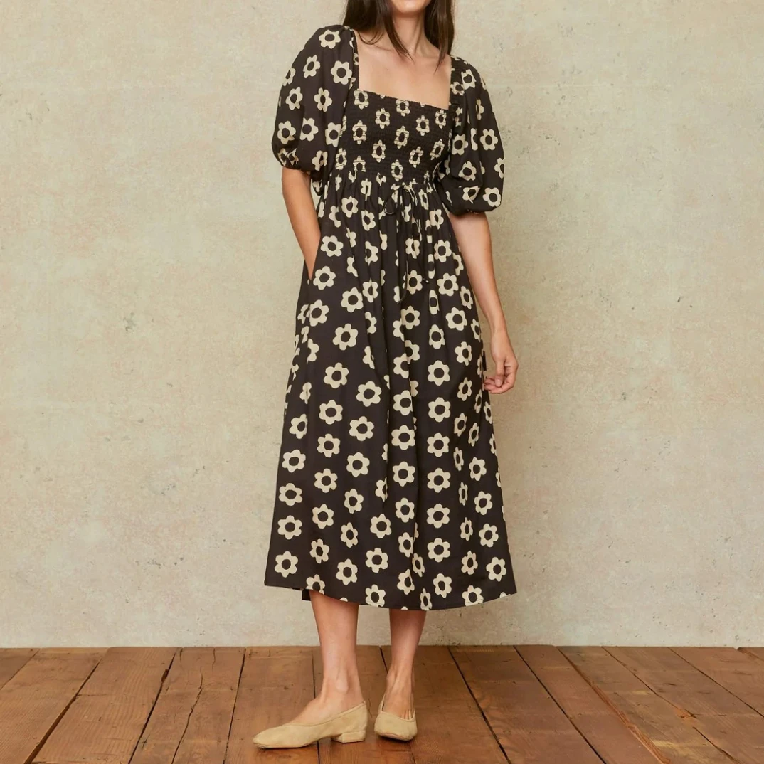 

Newest High Quality Casual 2023 White Flower Print Puff Half Sleeve Square Neck Stretchable Shirred Midi Women Dress