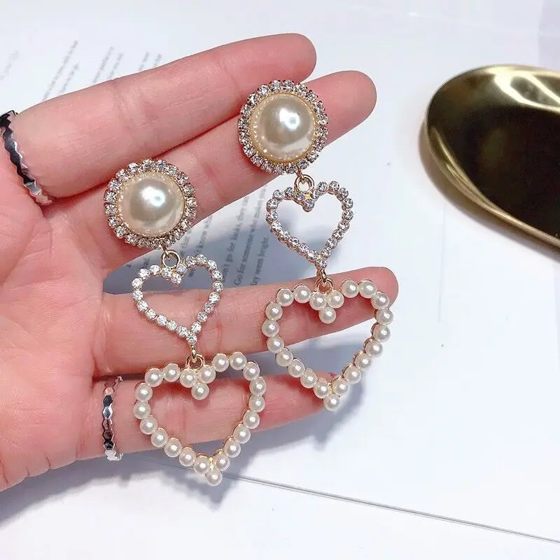 

Fashion Women Earrings Double Heart Pearl Rhinestone Long Hoop Dangle Earrings heart earrings earrings for women