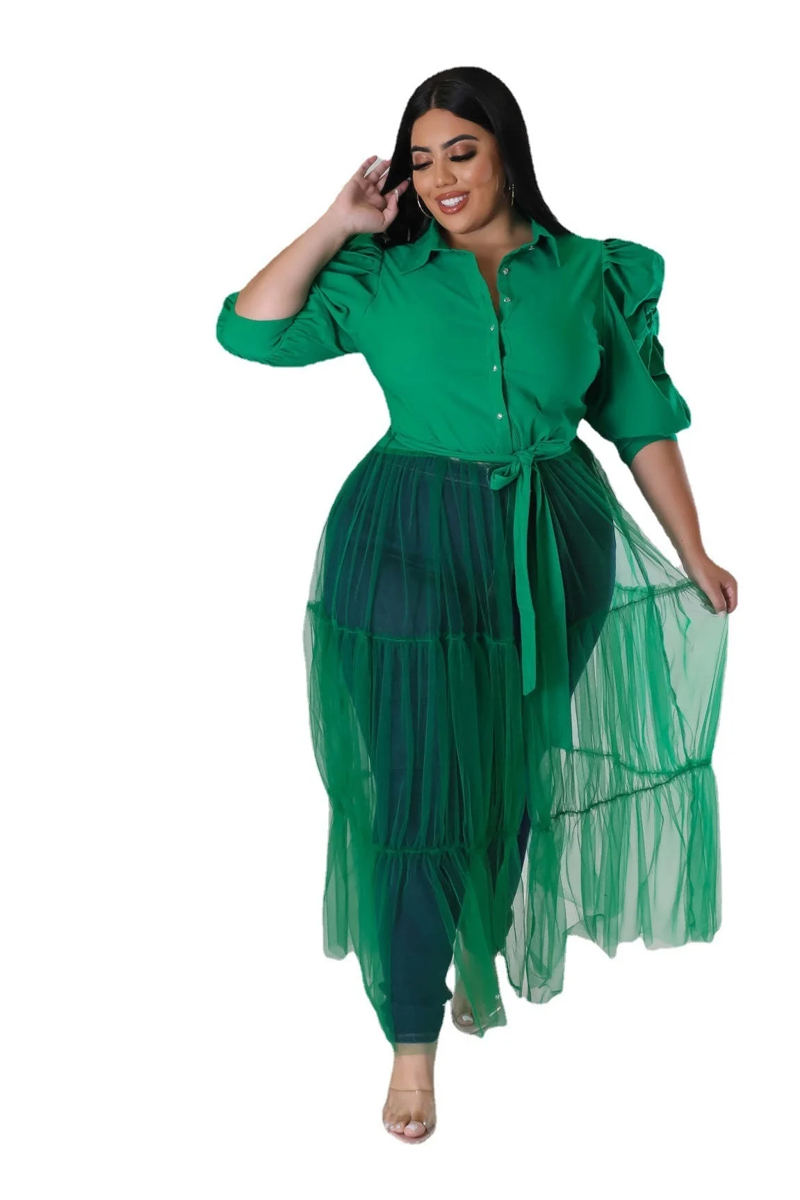 Plus Size Hot Sale Mesh Women Casual Dress Pleats Half Sleeves Patchwork Belt Sexy Party Club Shirt Dresses 3xl 4xl 5xl 6xl
