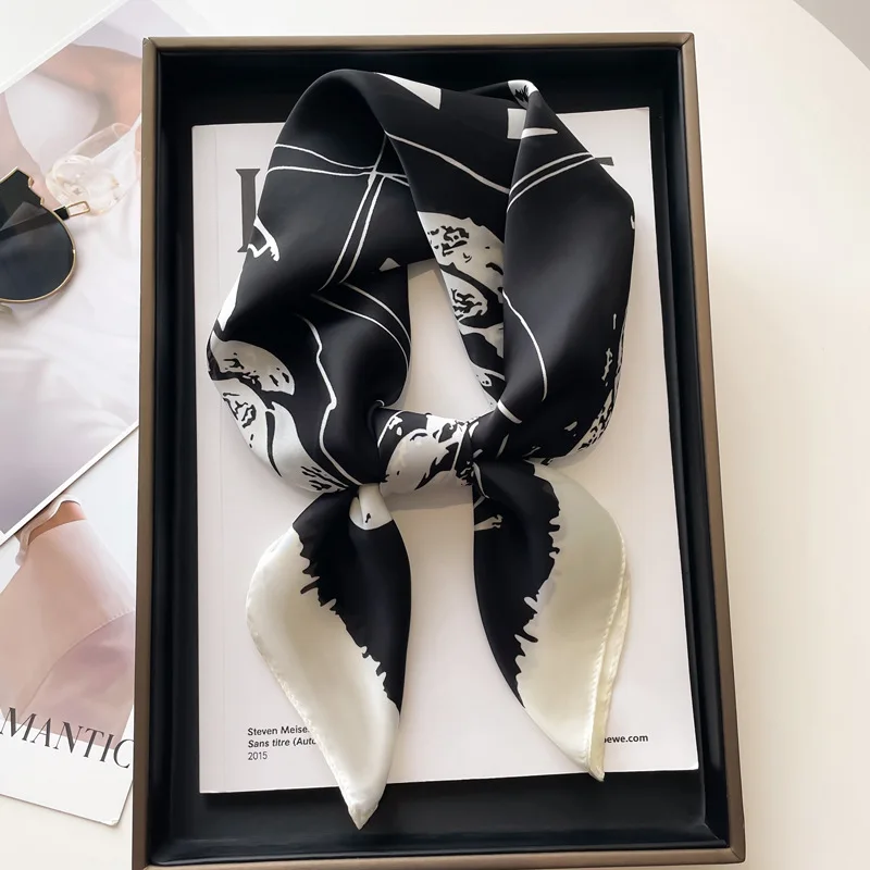 Элегантный Черно-белый Шелковый Квадратный Шарф Женский Мягкий Бархатный Ободок