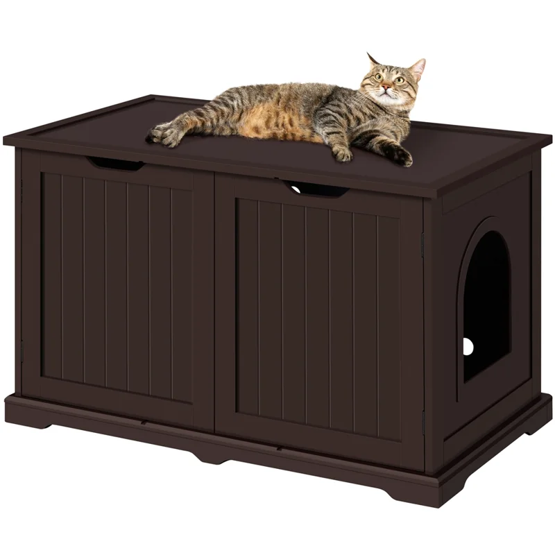 

Wooden Cat Washroom Bench Litter Box Side Table with Storage Space, Espresso