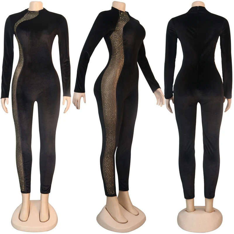 Женский бархатный комбинезон черный элегантный сетчатый Облегающий в стиле