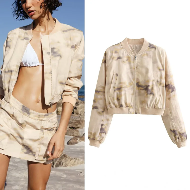 

TRAF 2023 Women Print Bomber Jacket Long Sleeves Round Neck Zip Jacket Slim Side Pockets Decorate Streetwear Female New Jackets