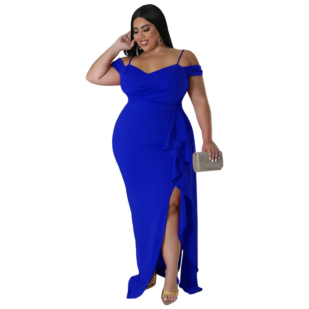 Plus Size Sexy Women Evening Dress Spaghetti v Neck Short Sleeves Side Split Ruffles Elegant Casual Part 3xl 4xl 5xl 6xl