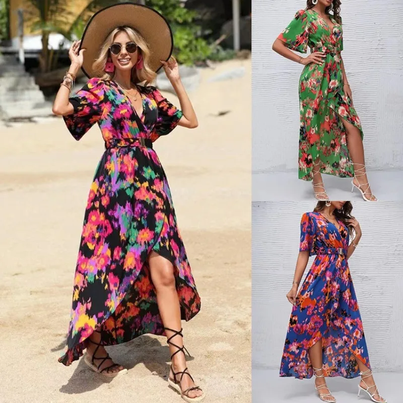 

2023 Summer Bohemian Resort V-Neck Strap Waist Wrapped Beach Dress for Women