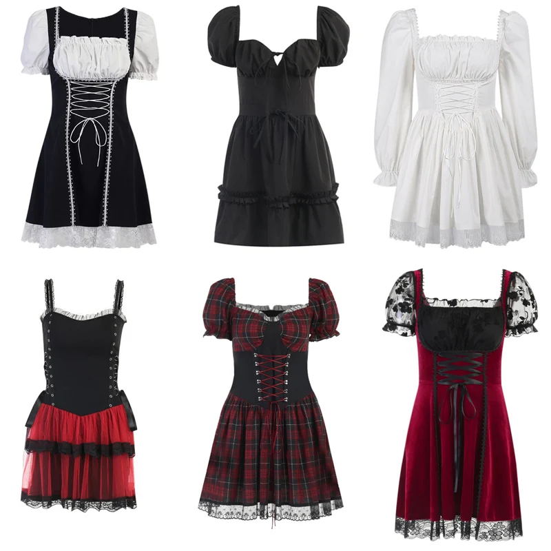 

E-girl Gothic Lolita Dress High Waist Bandage Corset Puff Sleeve Mini A-line Dress Elegant Vintage Lace Trim Mall Grunge Clothes