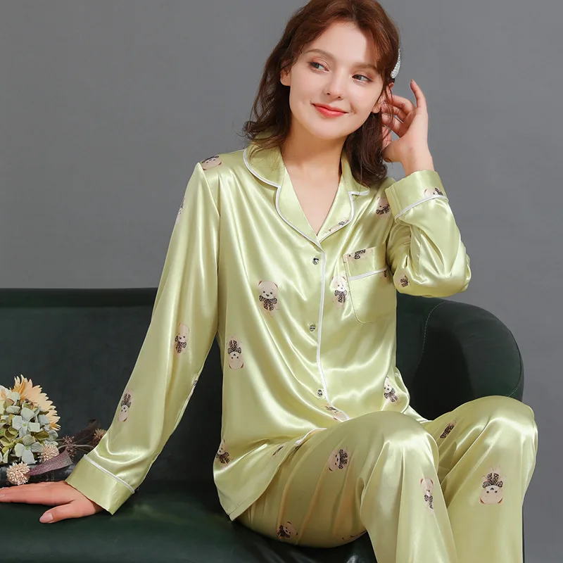 Spring and Summer Ice Silk Women Pajama Sets Free Shipping Long Sleeve Printing Night Clothes Thin Section Pijamas Set for Women