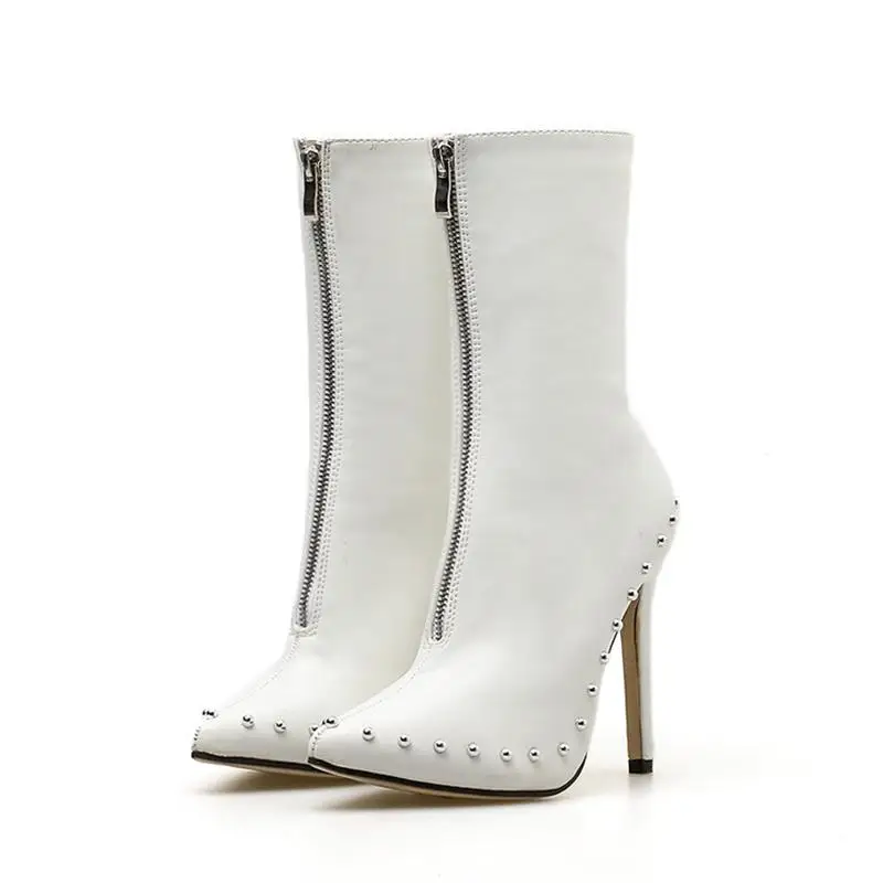 

Women Fashion Ankle Boots Classic PU Solid Color Pointed Toe Personality Front Zipper Rivet Street Elegant Women Shoes KC165