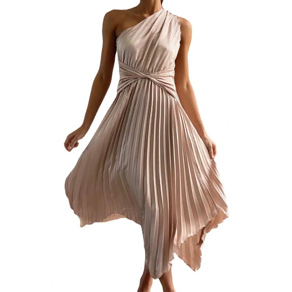 

Women Sleeveless Waist Tight Irregular Hem High-Waist Summer Dress Skew Collar One Shoulder Pleated Midi Dress Female Clothes