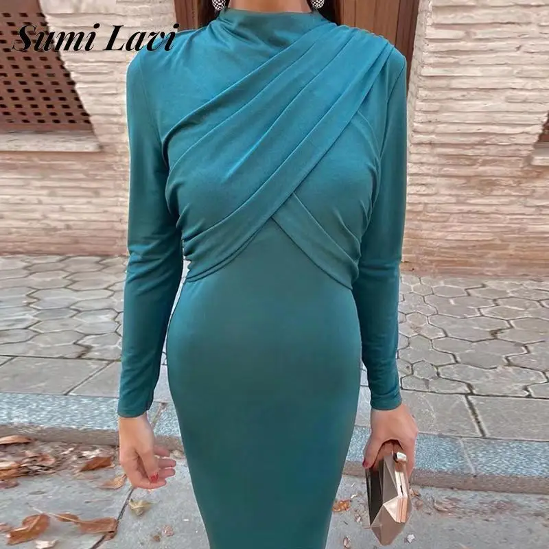 

2023 Элегантное Длинное Платье с запахом через грудь и длинным рукавом, Осеннее женское консервативное платье, Женские однотонные облегающие...