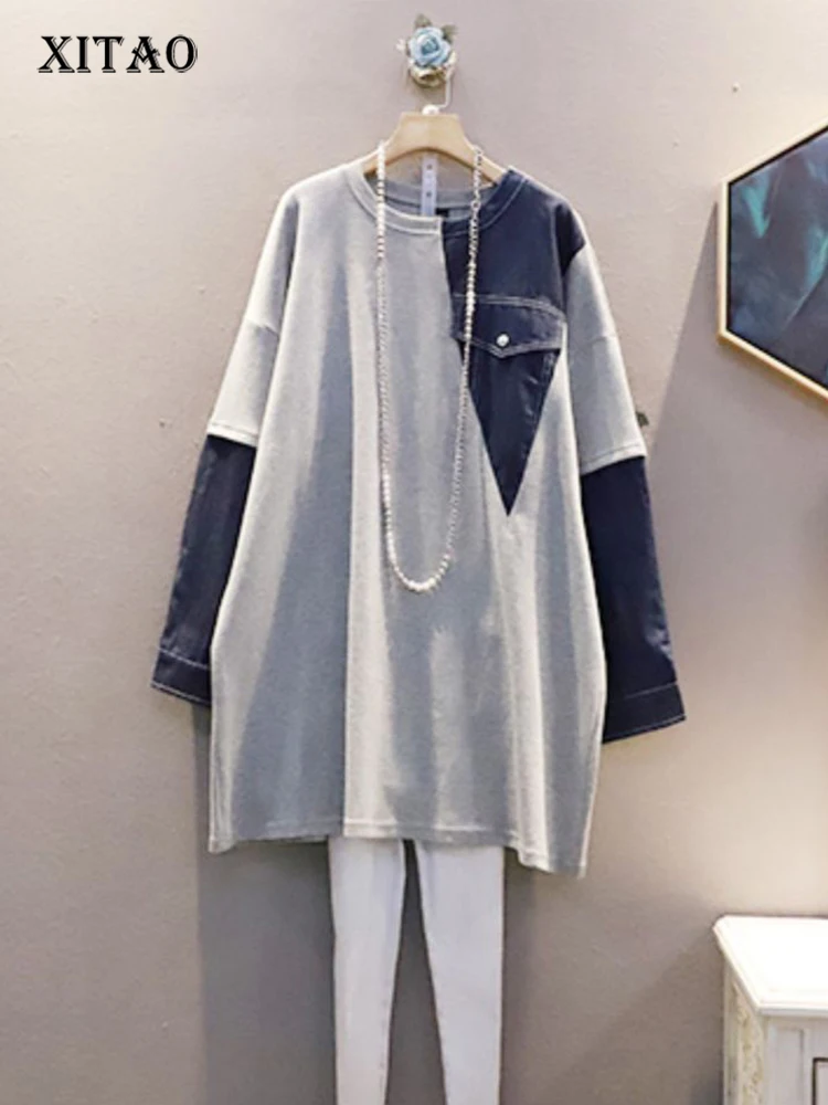 

XITAO Casual Loose Dress Contrast Color Patchwork Long Sleeve Asymmetrical Patchwork Pocket Autumn New Simplicity Dress ZY7722