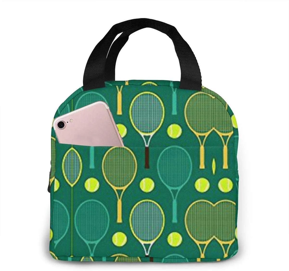 

Blue and Green Tennis Rackets Lunch Bag Insulated Lunch Box Waterproof Meal Prep Cooler Tote For Picnic Camping Work Travel