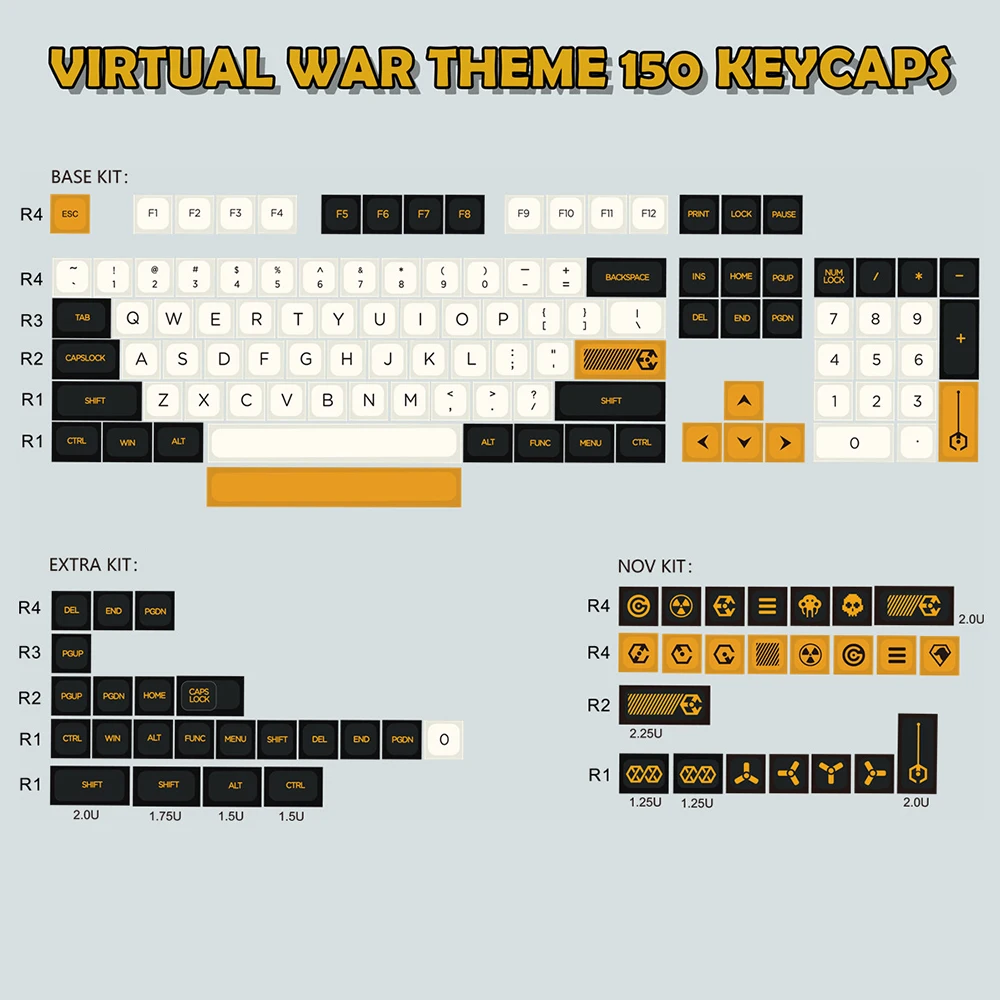 For VIRTUAL WAR MDA Ball Keycaps 150 Keys PBT Black Yellow White Sublimation Keycaps Compatible Mechanical Keyboards