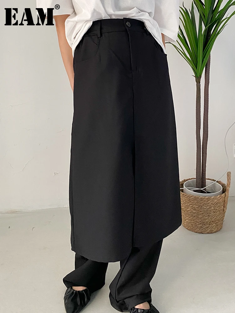 

[EAM] High Elastic Waist Black Double Layers Long Wide Leg Pants New Loose Fit Trousers Women Fashion Spring Autumn 2023 1DF0353