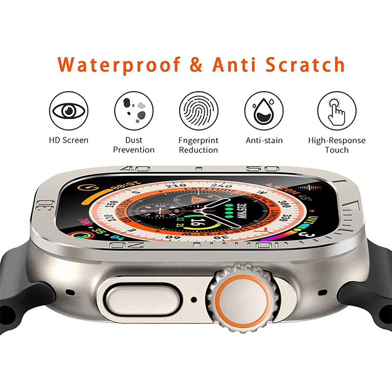 Alloy Frame Tempered Glass Film For Apple Watch Ultra 49mm Screen Protector Anti-Scratch Metal Frame Dial Bezel Protector Films