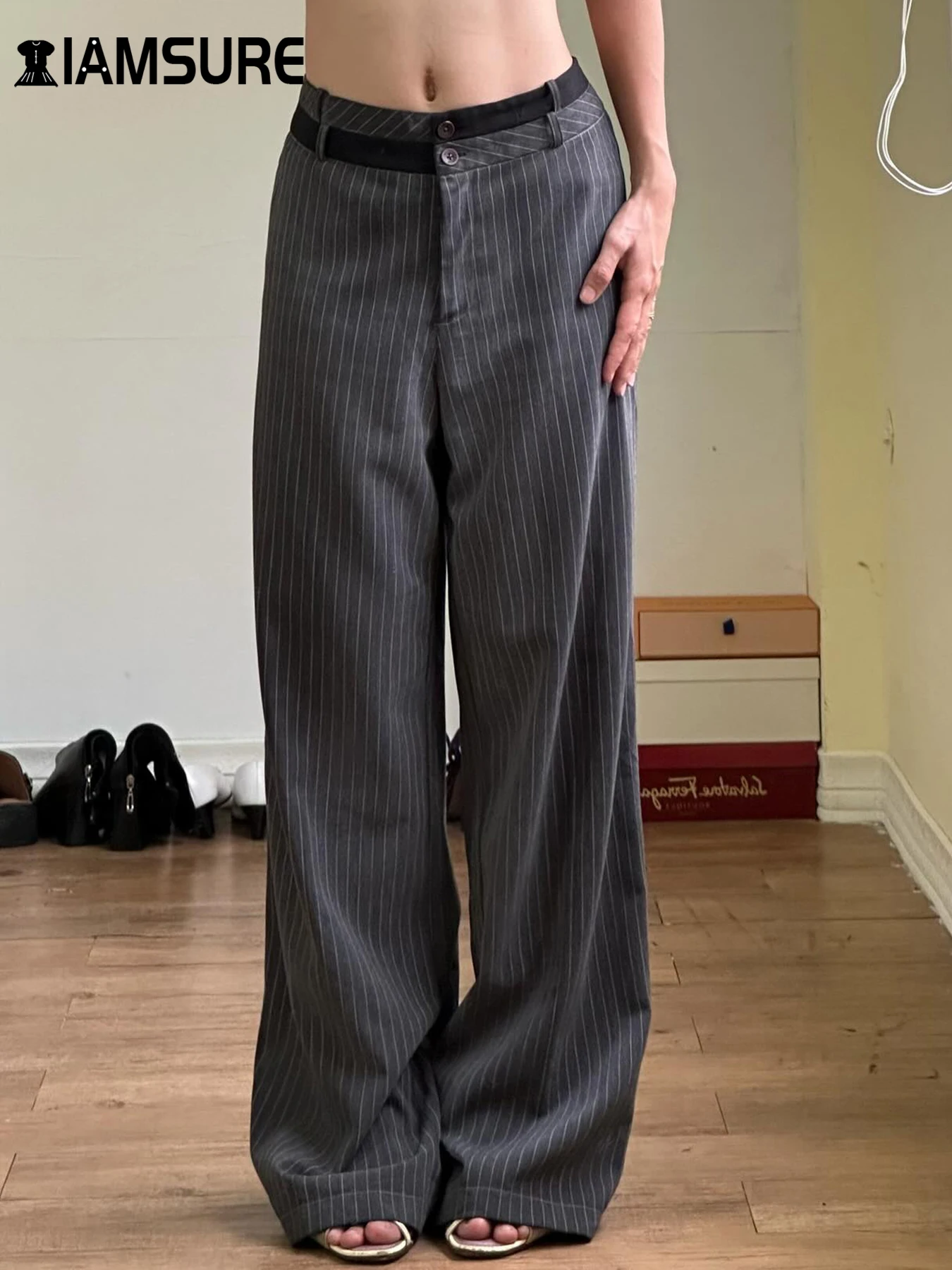Элегантные модные полосатые прямые брюки IAMSURE офисные женские повседневные