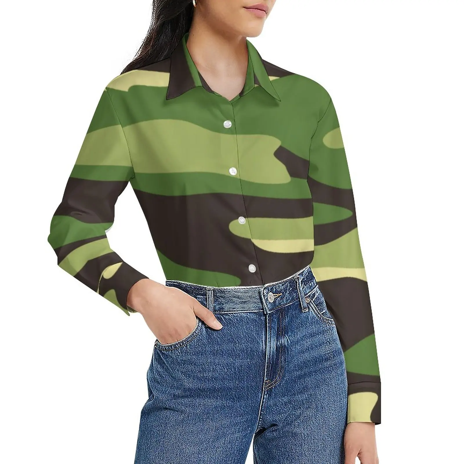 

Army Camo Print Blouse Forest Multicam Retro Graphic Blouses Women Korean Fashion Shirts Spring Long-Sleeve Oversized Top
