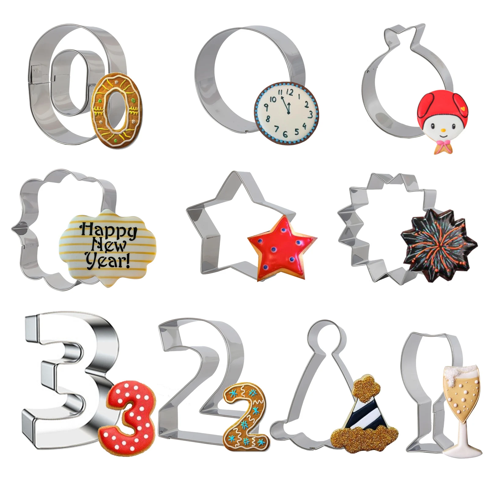 

Funmemoir 2023 New Year Themed Cookie Cutter Set Stainless Steel Glass Star Dough Fondant Biscuit Molds for New Year's Eve Party
