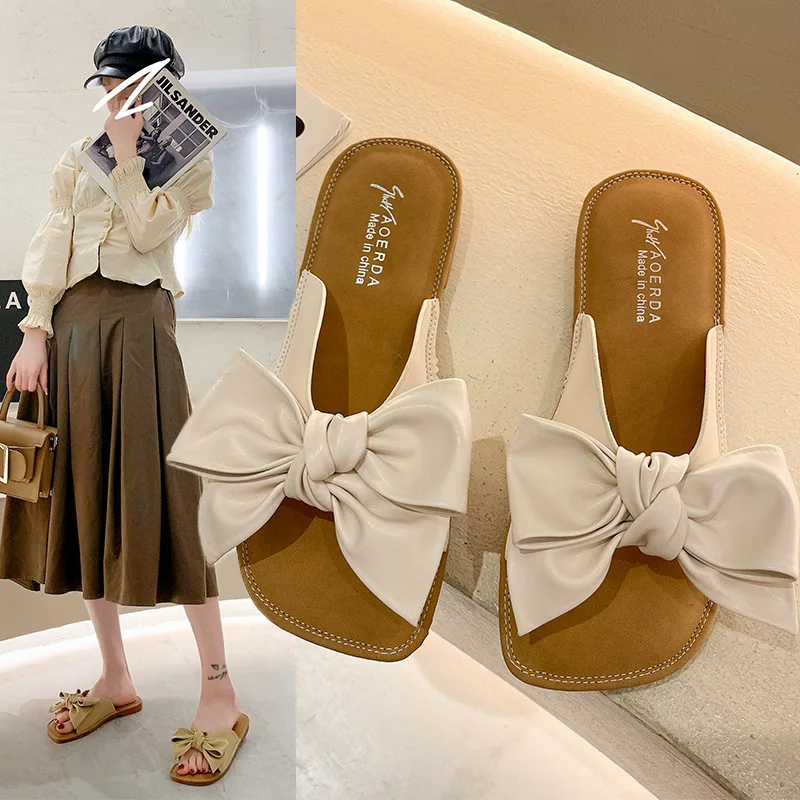 

New Fashion Bowknot Summer Slippers for Women Solid Color Flat Slippers Female Square Toe Casual Outdoor Slipper Chaussure Femme