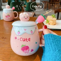 kawaii 500ml pig ceramic mugs cartoon coffee cup with lid straw spoon creative tea drinks milk water cup girl gift