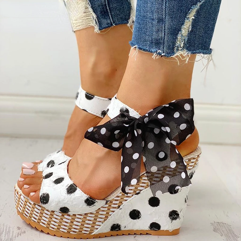 

Women's Ladies Platform Wedges Heel Sandals Fashion Dot Lace-up Shoes Footwear Platform Wedge Slides Beach Shoes Chaussures