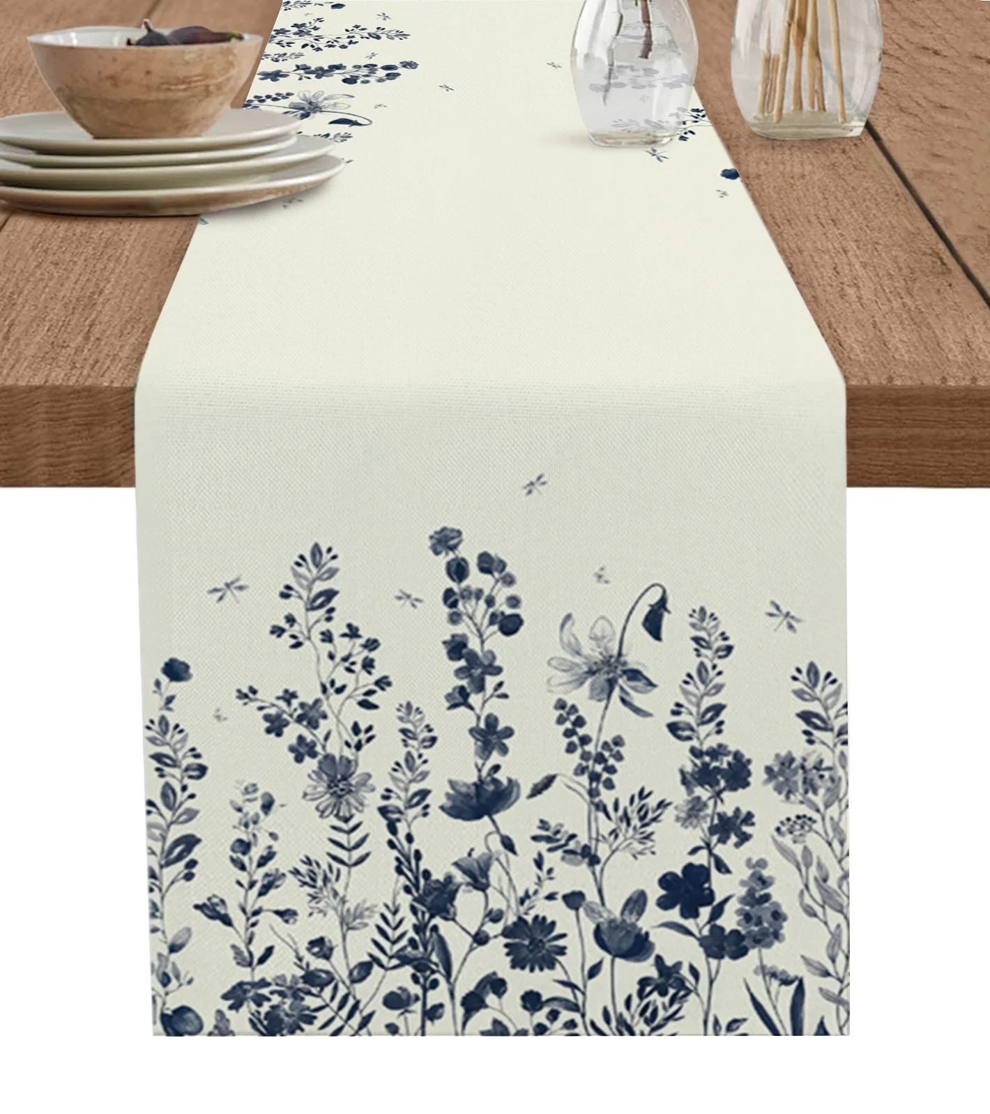 

Flowers Foliage Dragonflies Vintage Table Runner Wedding Decor Cotton Linen Table Runner for Holiday Party Kitchen Table Decor