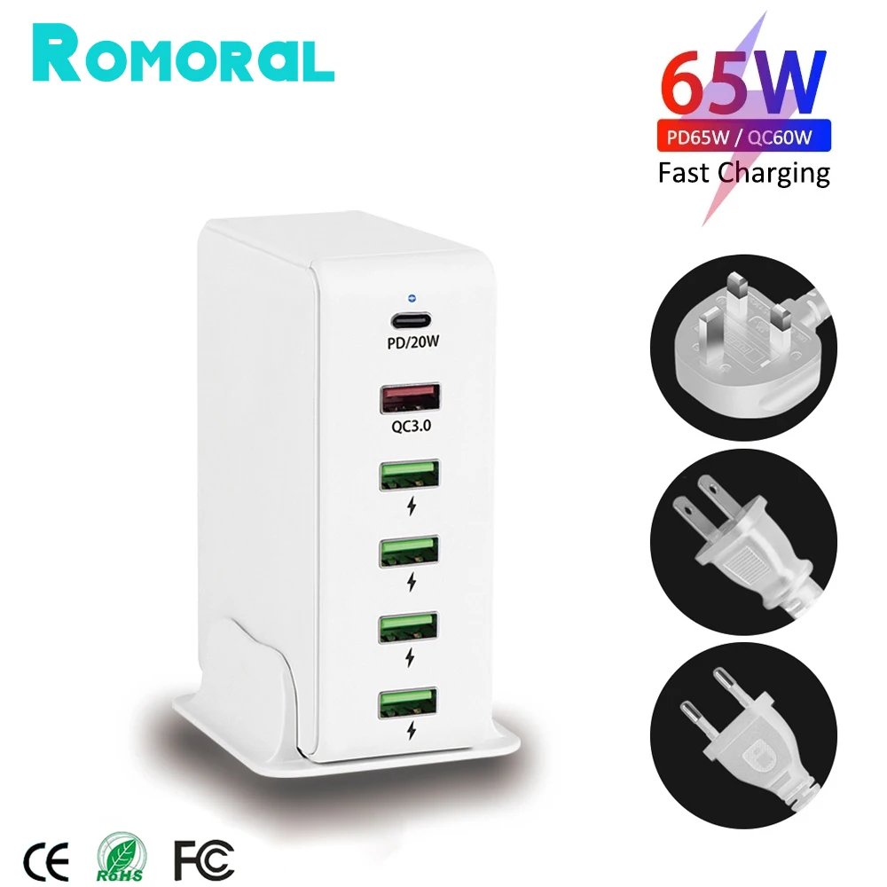 

65W 6 Port USB Charger QC3.0 20W PD Multi USB Charging Station Dock Mobile Phone for IPhone Samsung Desktop Home EU UK US Plug