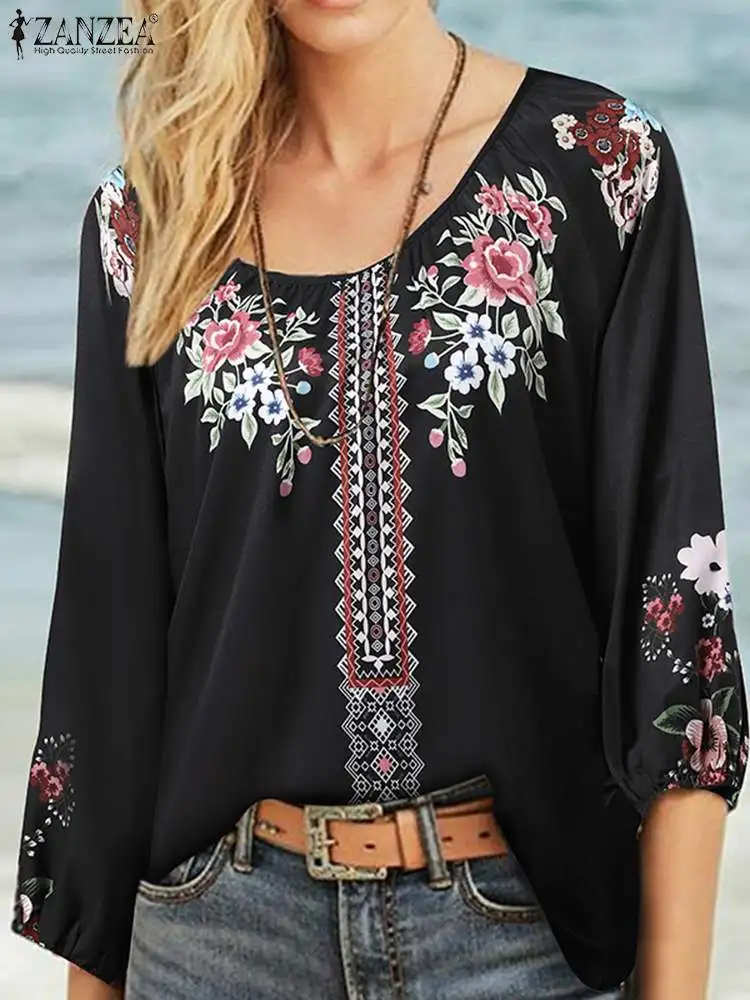 

ZANZEA Summer Bohemian Women Floral Holiday Blouse Vintage Printed 3/4 Sleeve Tops Female Casual Blusas Chemise Beach Shirt 2022