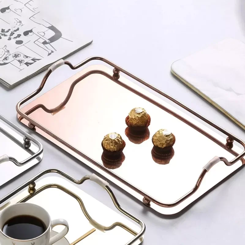 

Mirror Serving Trays Decorative Luxury Rectangle Tray With Handle Living Room Kitchen Table Steel Storage Tray Home Decor