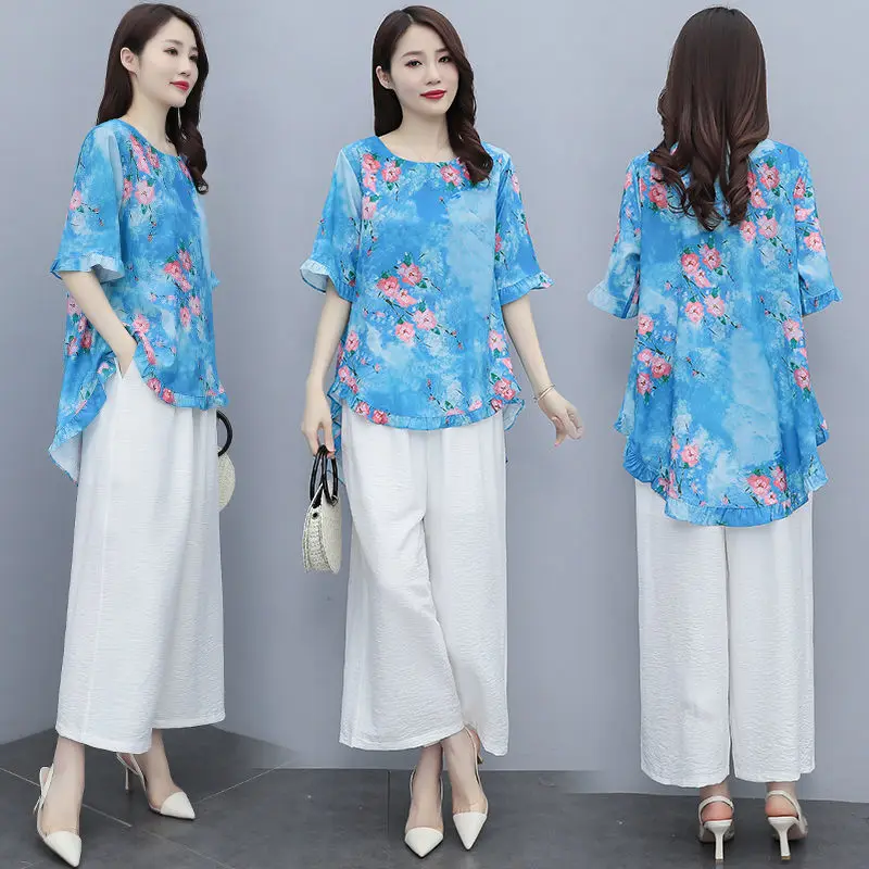 

2022 Summer Women New Pants Two-piece Sets Female O-neck Printed Short Sleeve Tops + Wide-leg Pants Ladies Casual Suits W83
