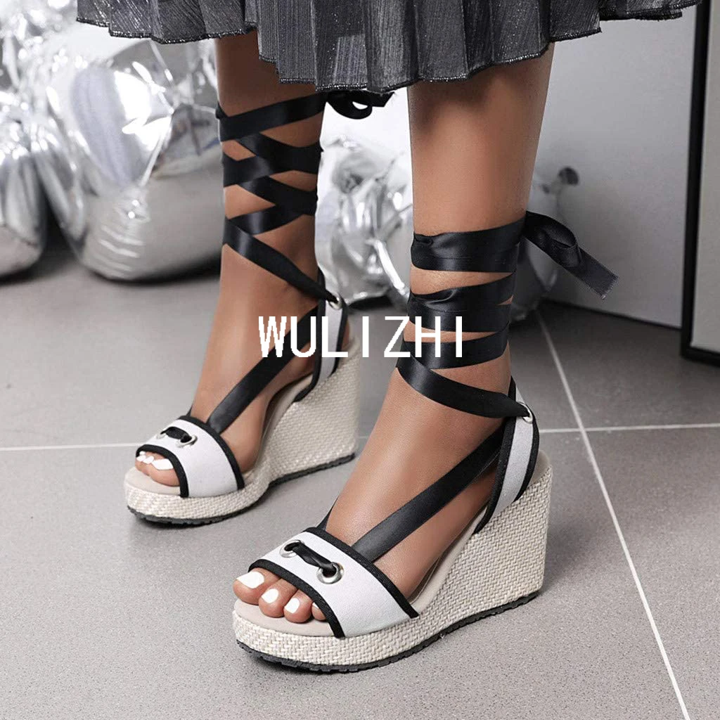Light White Straw Wedge Sandals Women New Leather Ribbon Slingback Metal Buckle Heels Open Lace Lace Ankle Wrap Sexy Beach Shoes