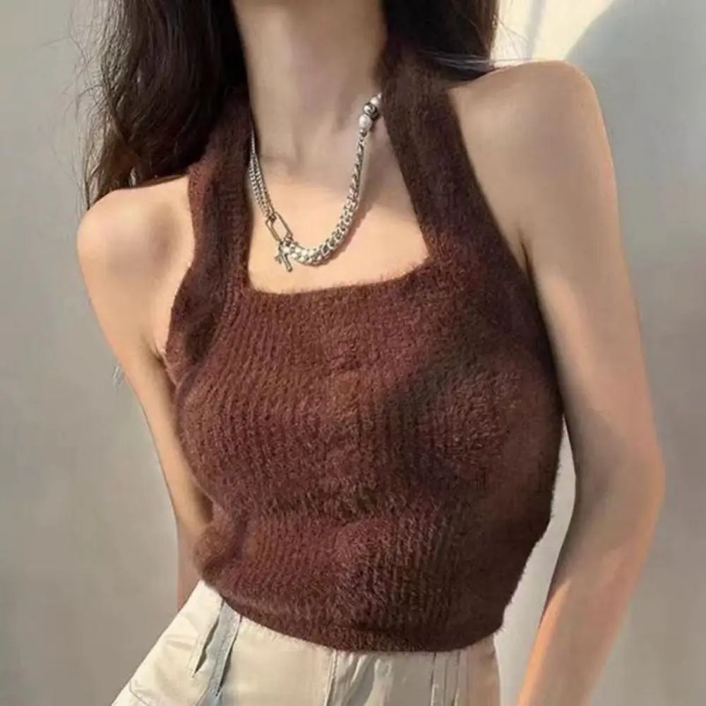 Трикотажные топы Halterneck модные трикотажные высокоэластичные подвесные майки без