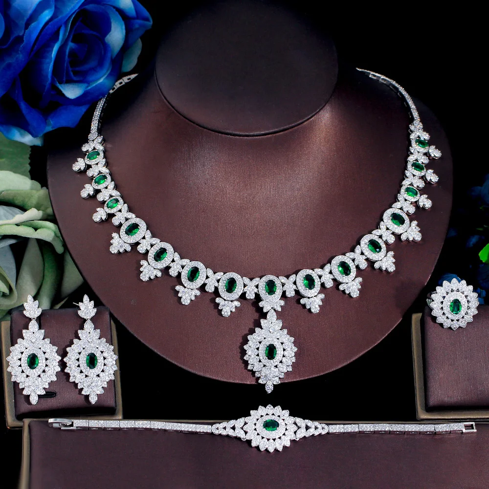 

ThreeGraces 4pcs Luxury Green Cubic Zirconia Dubai Nigerian Bridal Wedding Necklace Costume Jewelry for Women Accessories TZ758