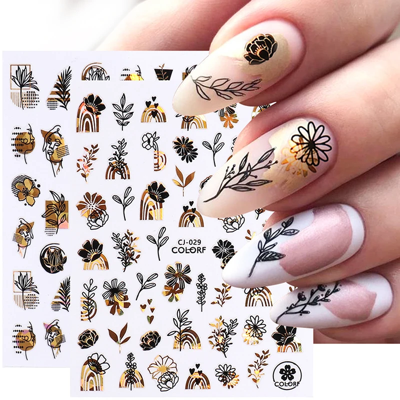 

3D Black Bronzing Animals Plants and Fowers Watercolor Abstract Nail Art Decorations