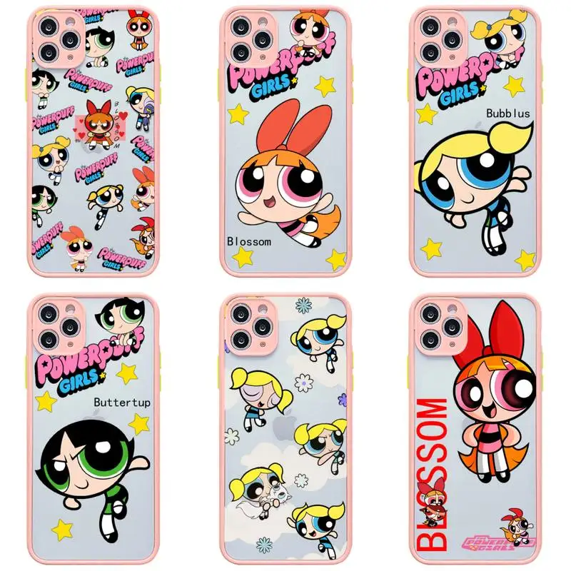 

Bandai Powerpuff Girls Phone Case For iphone 13 12 11 Pro Max Mini XS 8 7 Plus X SE 2020 XR Light pink Matte Transparent Cover