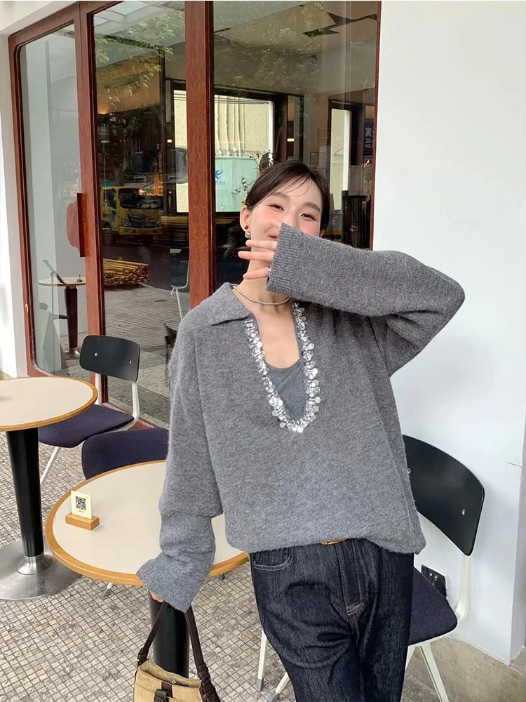 Miu Series Sweater ~ Design French sle Heavy Industry Beads Idle Sle Deep V-neck Knitted Outerwear + Vest Two-piece...