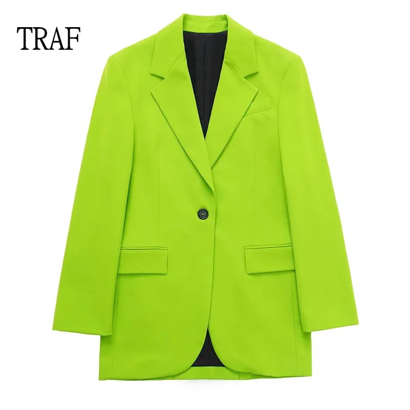 TRAF  Woman Blazer 2022 Elegant Office Lady Green Blazer Jackets Coat Female Suit Long Sleeve Loose Single Button Chic Blazers