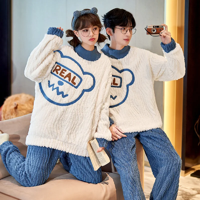 QUHENG 2022 Winter Flannel Men's Pajama Pants Set New Autumn Thick Warm Sleepwear for Couples Casual Loose Home Costumes Set