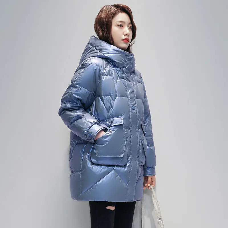 2022 New Korea Fashion Winter Jacket Women Parka Fashion Long Coat Hooded Glossy Parkas Loose Warm Snow Wear Padded Clothes