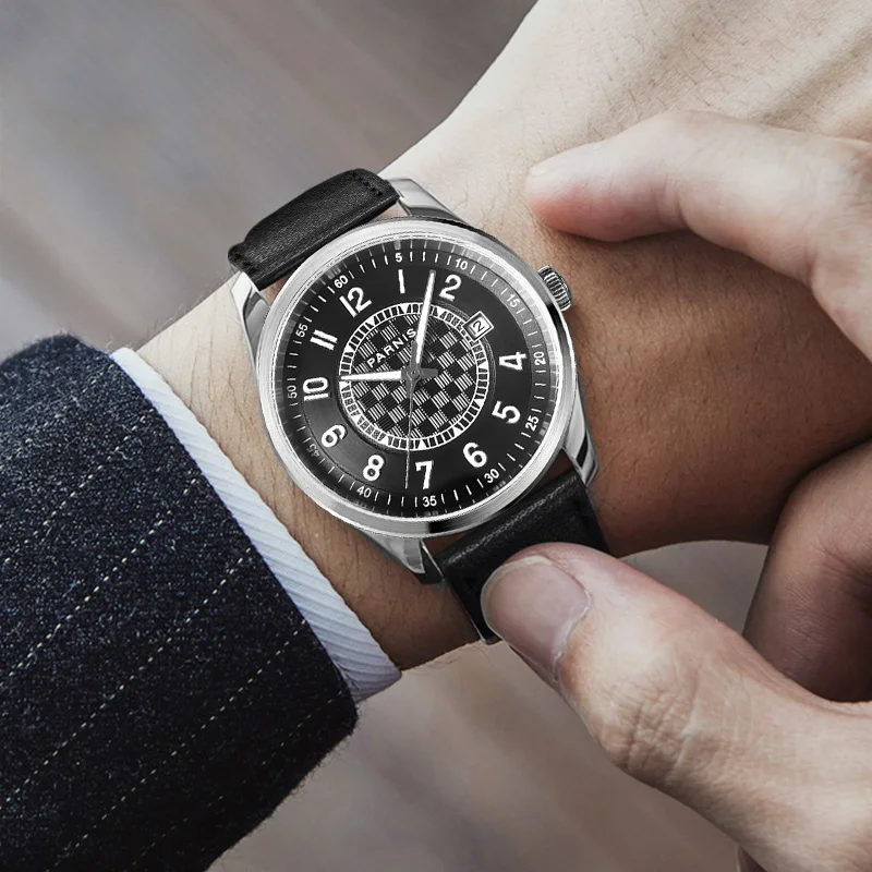 

New Fashion Parnis 40MM Black Dial Mechanical Automatic Men's Watch Calendar Sapphire Glass Watches For Men erkek kol saati 2022