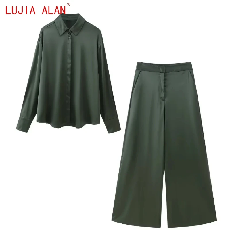 

Autumn New Women Solid Satin Pajama Shirt Female Long Sleeve Blouse Casual Turndown Collar Loose Tops LUJIA ALAN B2331