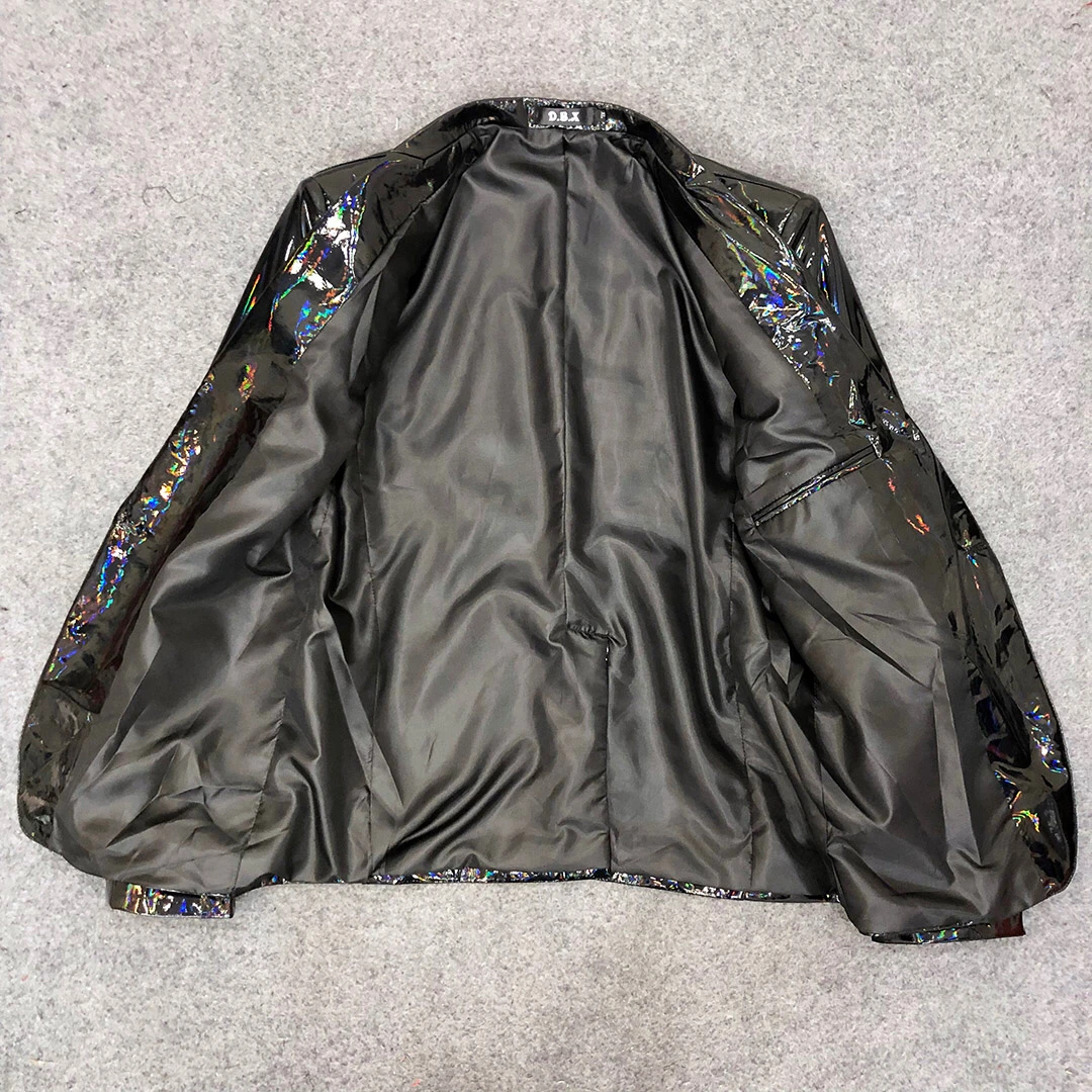 Bar Male Singer Black Shiny PU Leather Blazer Coat One Button Slim Soft Paint Jacket Stage Performance Costume Plus Size
