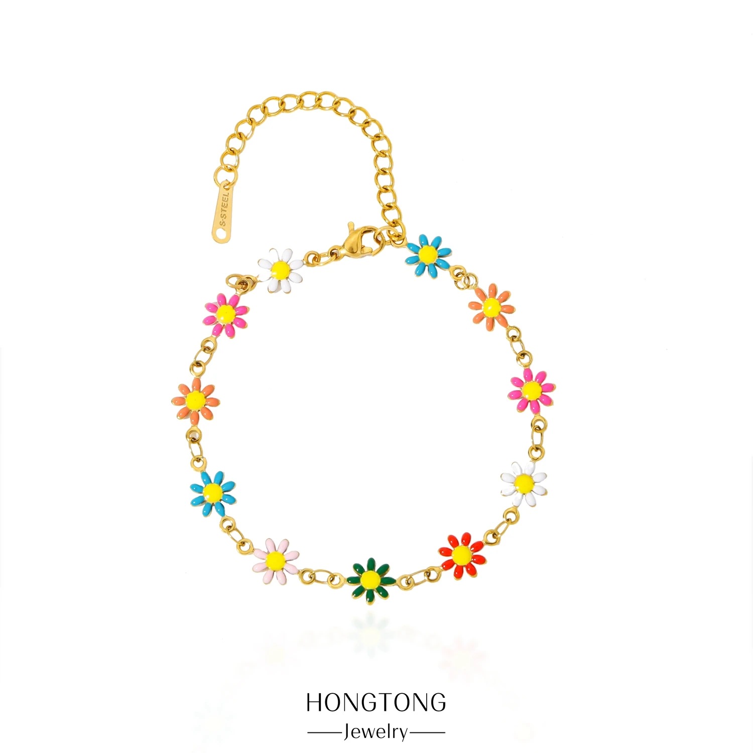 

HONGTONG Colorful Daisy Chain Bracelet Women Fashion Stainless Steel Jewelry 18K Gold High Quality Girl Simplicity Accessories