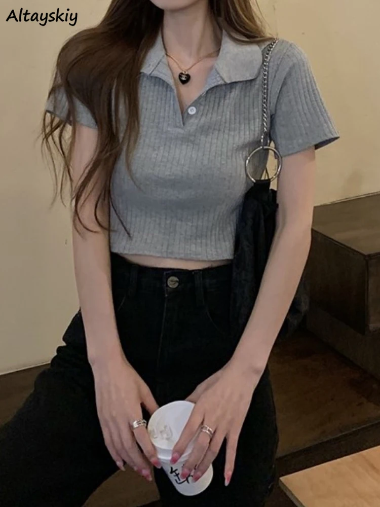 

Knitted Short Sleeve T-shirts Women Preppy Style Summer Vintage Pure Crop Tops Korean Harajuku High Street Slim New Arrival Chic
