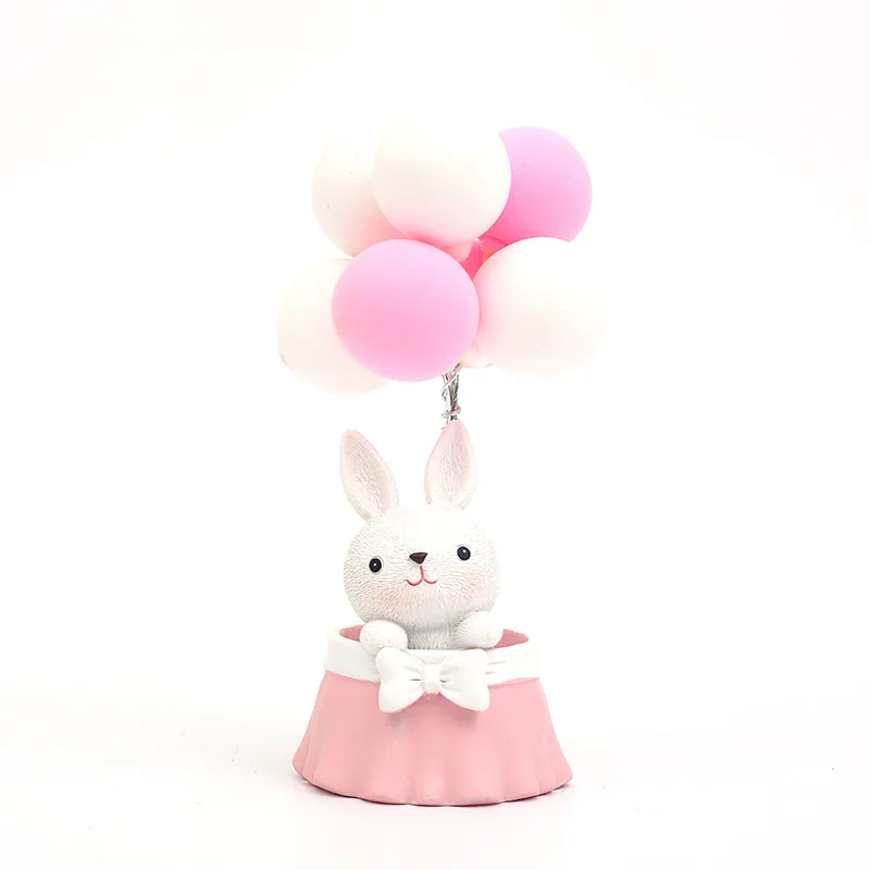 Resin Mini Cute Hot Air Balloon Rabbit and Bear Statue Craft Ornaments Birthday Gift for Children Home Office Ornament Toy Gift