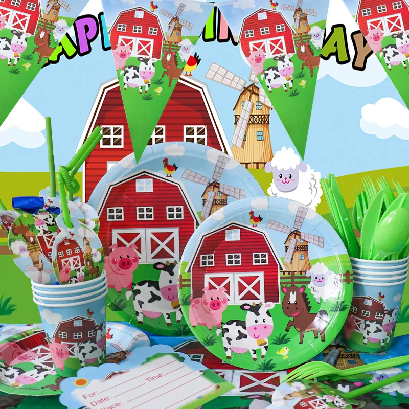 

Cow Farm Animal Themed Birthday Party Decorations Children's Tissue Dishes Cups Disposable Cutlery Arrangement Gift Supplies